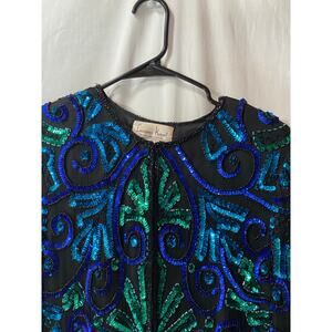 Vintage Laurence Kazar Silk Blue & Green Sequins Beaded Jacket Cocktail Medium